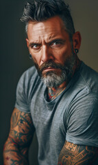 Obraz premium A handsome middle-aged man with short hair and a beard, silver-gray hair color, and expressive eyes stands out with tattoos adorning his neck and ears, exuding a distinctive and confident style.