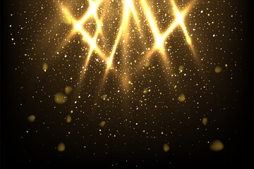 Abstract lights with golden glitter vector realistic illustration. Shiny gold spotlights with rays on dark background. Bright flashes and sparkles