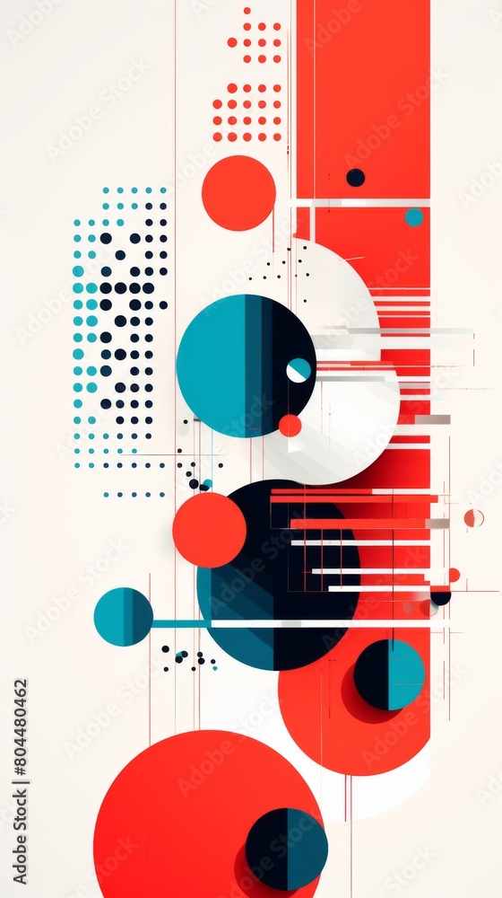 Poster swirling circles in vibrant red and blue hues create a dynamic abstract background