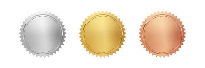 Gold, silver and bronze medals set vector illustration. 3d realistic award seals isolated on white background. Golden design element for labels, certificates, badges, winners