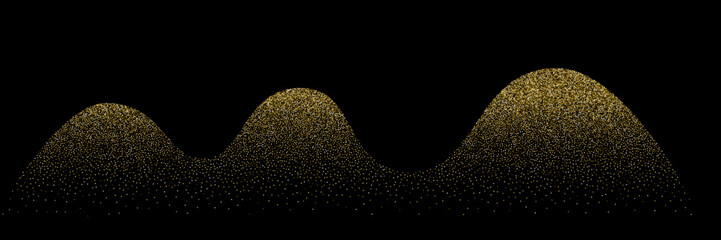 Wave grain stipple golden pattern background. Gold noise dotwork texture, abstract dot stipple lines, sand grain effect, vector illustration isolated on black background