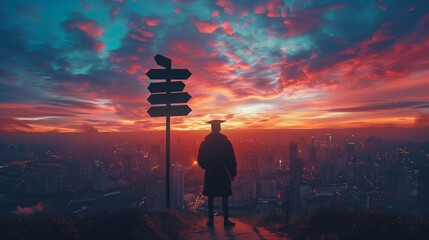 graduate in silhouette stands at a crossroads during sunset, contemplating the future against a backdrop of a lit cityscape and a dramatic sky - obrazy, fototapety, plakaty