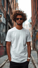 A chic man strides through the cityscape, clad in a trendy leather jacket with a fur collar
