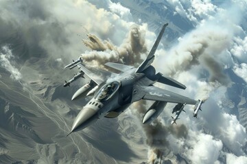 F-16 dropping a precision-guided bomb on a fortified enemy bunker, plumes of smoke and debris erupting