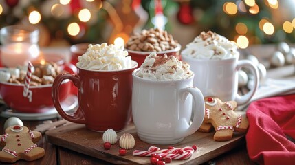 A festive hot chocolate bar with holidaythemed mugs and toppings like gingerbread cookies pumpkin e and eggnog whipped cream for a seasonal touch.