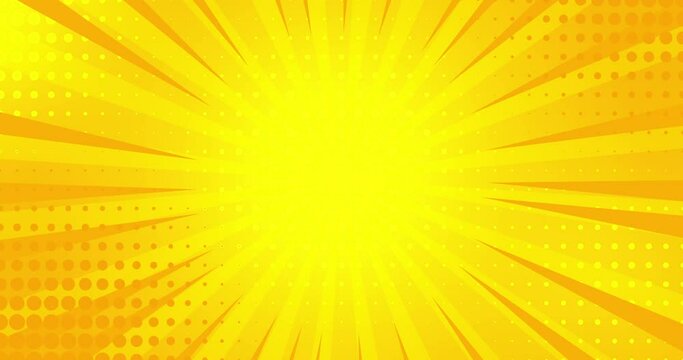 4k Abstract yellow orange pop art animated pattern. Seamless looped cartoon comics book background. Children design style. Dynamic retro texture. Dynamic vintage speed lines. Halftone kid funny banner