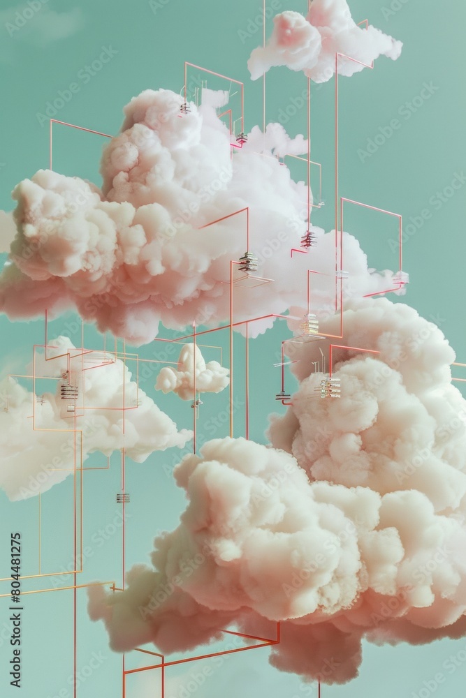 Poster fluffy, stylized clouds morphing into servers and network diagrams, a playful take on cloud computin
