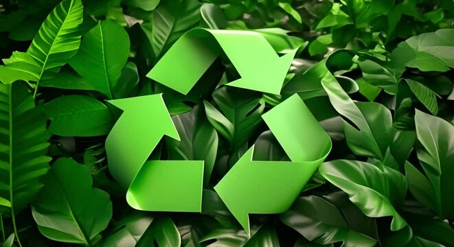 Eco-Friendly Waste Management: Green Recycling Symbol with Leaves on White Background. Concept Waste Management, Recycling Symbol, Eco-Friendly, Green Initiatives, Sustainable Practices