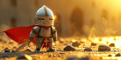 Medieval knight with red cape and sword standing in front of ancient building with sun shining in background - obrazy, fototapety, plakaty