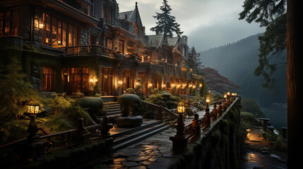 A Hotel in A Mountain Environment with Trees Surrounding it in the Style Of Ornate Details Landscape Background