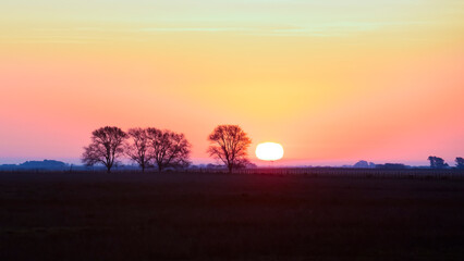 Orange sunset in the Argentine Countryside, La Pampa Province, Patagonia, Argentina.
