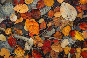 Close-up of fallen leaves floating on a quiet pond, hyperrealistic focus on their colors and textures
