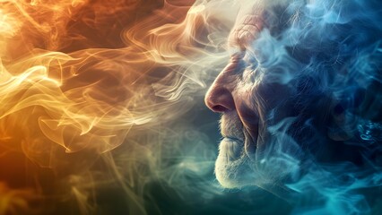 Elderly individuals fading into mist as a symbol of memory loss from Alzheimer's. Concept Memory Loss, Alzheimer's Awareness, Elderly Care, Symbolic Portraits, Emotional Imagery