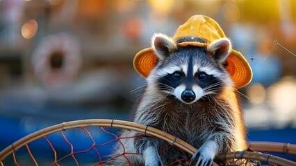 Raccoon in Fishing Gear at City Pier: Capturing Cozy Village Vibes. Concept Fishing Gear, City...