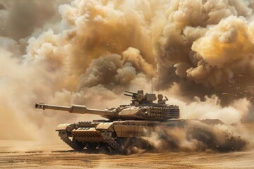 Hyperrealistic M1 Abrams tank kicking up a massive dust cloud as it charges across the vast desert landscape