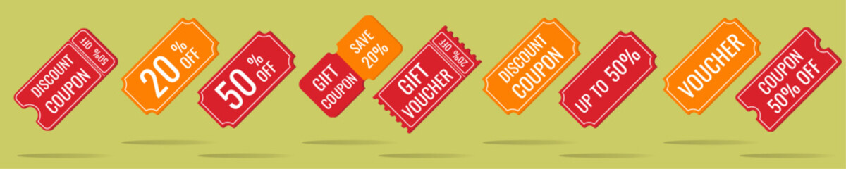 Set of 3d sale discount coupons, vouchers, discount percentage tags in red and orange color isolated on green background with shadow, vector.