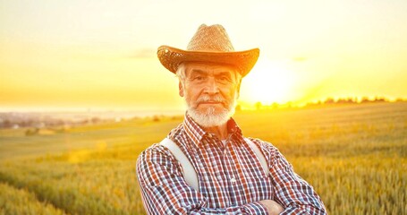 Portrait shot of attractive senior caucasian man in hat standing in green field, smiling cheerfully to camera and feeling joy. Male farmer with smile outdoors in summer