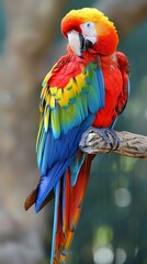 Macaw parrot with dazzling rainbow plumage, perched on a weathered branch