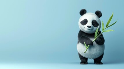 A cute panda with bamboo leaves over light blue background