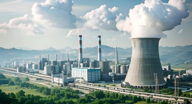 Industrial complex with nuclear reactor cooling towers and smokestacks in wide shot. Concept Industrial Landscape, Nuclear Reactor, Cooling Towers, Smokestacks, Wide Shot