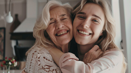 happy elderly woman with younger daughter