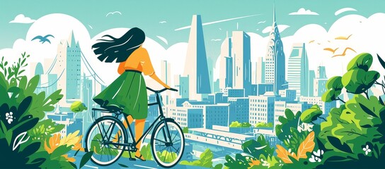 Flat design illustration of a woman riding a bicycle in a city park