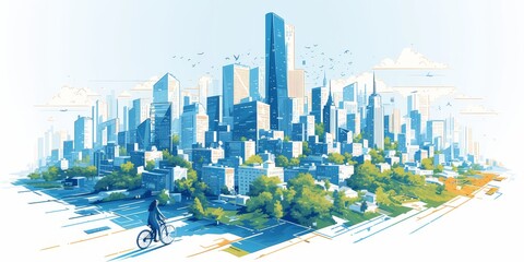 Flat design illustration of a woman riding a bicycle in a city park