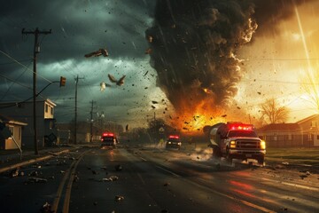 Apocalyptic Tornado Ravages Suburban Street with Emergency Response in Action