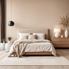  Minimalist interior design of modern bedroom with beige stucco wall. 