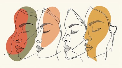 Modern abstract faces Contemporary female silhouettes Hand drawn outline trendy illustration Continuous line, minimalistic concept Colored vector seamless pattern Pastel colors
