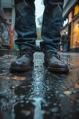 Close-up of a person wearing leather shoes and old jeans walking alone on the sidewalk. Suitable for the concept of unemployment, going on adventures, independence, Finding myself, seeking experience.