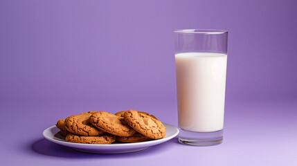 Glass milk cookies plate, simple snacks, purple background. Homemade cookies. Copy space