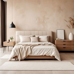  Minimalist interior design of modern bedroom with beige stucco wall. 