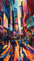 Pop art rendition of a bustling city street, stylized people, colorful signs, and bold shadows