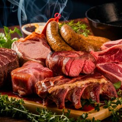 Various types of fresh and gill meat: pork, beef, turkey and chicken on a wooden plate.