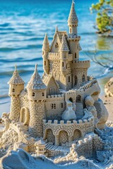 Sandcastles sculpted with intricate details, standing proudly against the backdrop of the ocean