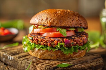 Delicious Vegan Burger with Fresh Vegetables on Wooden Board