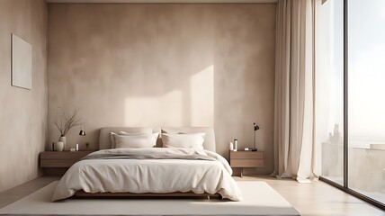  Minimalist interior design of modern bedroom with beige stucco wall. 
