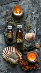 Top-view shot of a smooth river stone surface with a collection of essential oil bottles, dried herbs, a seashell, and a lit tea light