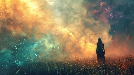 Fototapeta premium Silhouetted couple in moonlit forest under starry sky