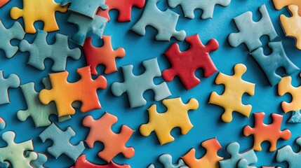 Colorful interconnected puzzle pieces on blue background