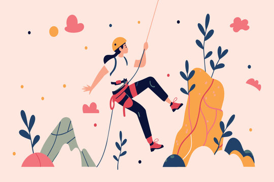 Woman in climbing gear scales a colorful cliff with nature around