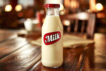 Bottle of milk on wooden table AI generative 