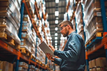 Fototapeta premium A person with tablet in warehouse AI generative 