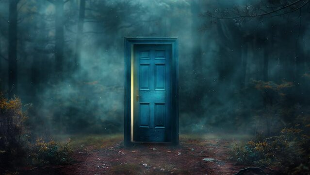 A magic door with a light in the woods
