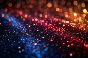black background with United States of America (USA) flag colors in glitter and bokeh