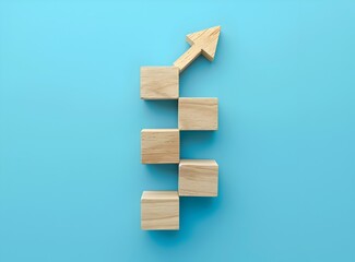 wooden block stairs with an arrow pointing up on a blue background, a minimalistic concept of business growth or success path and achievement