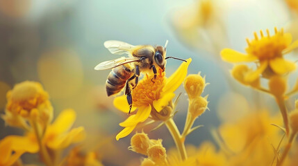 Cute bee on a yellow flower with a blurred background.