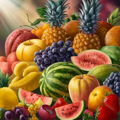 Composition of different fruits and berries lying on the table.