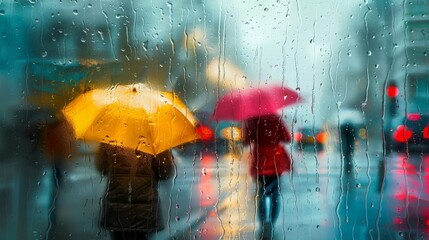 Urban street scene during rain. Two individuals are walking, each holding an umbrella.